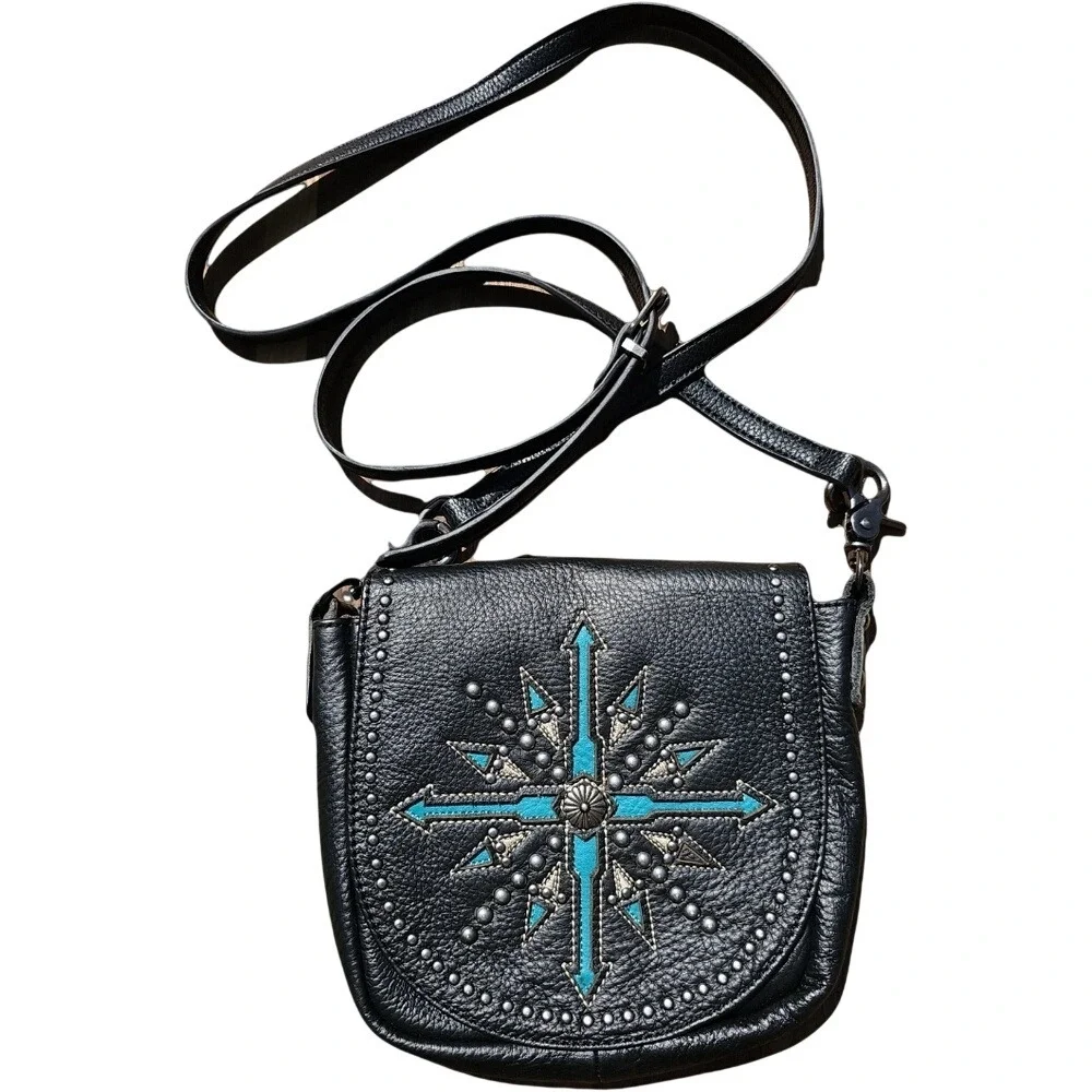 Black and Blue Embellished Studded Western Women's Crossbody Leather Bag Details - Picture 1 of 14